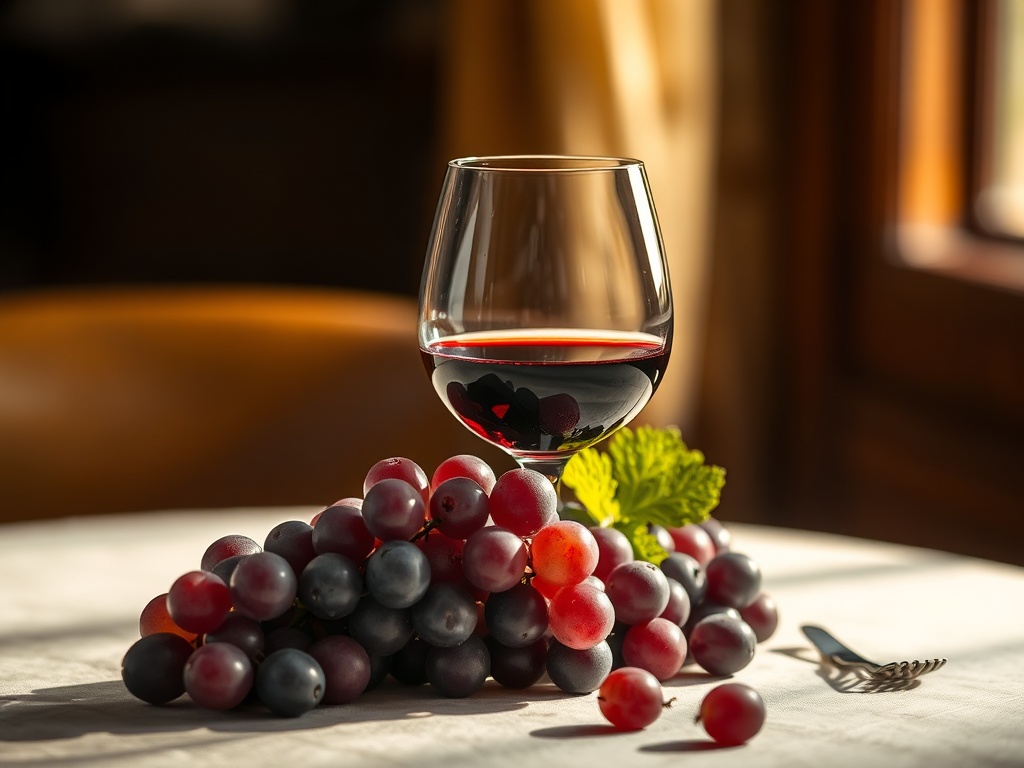 따뜻한 조명 아래 테이블에 놓인 레드 와인이 담긴 와인잔과 포도송이